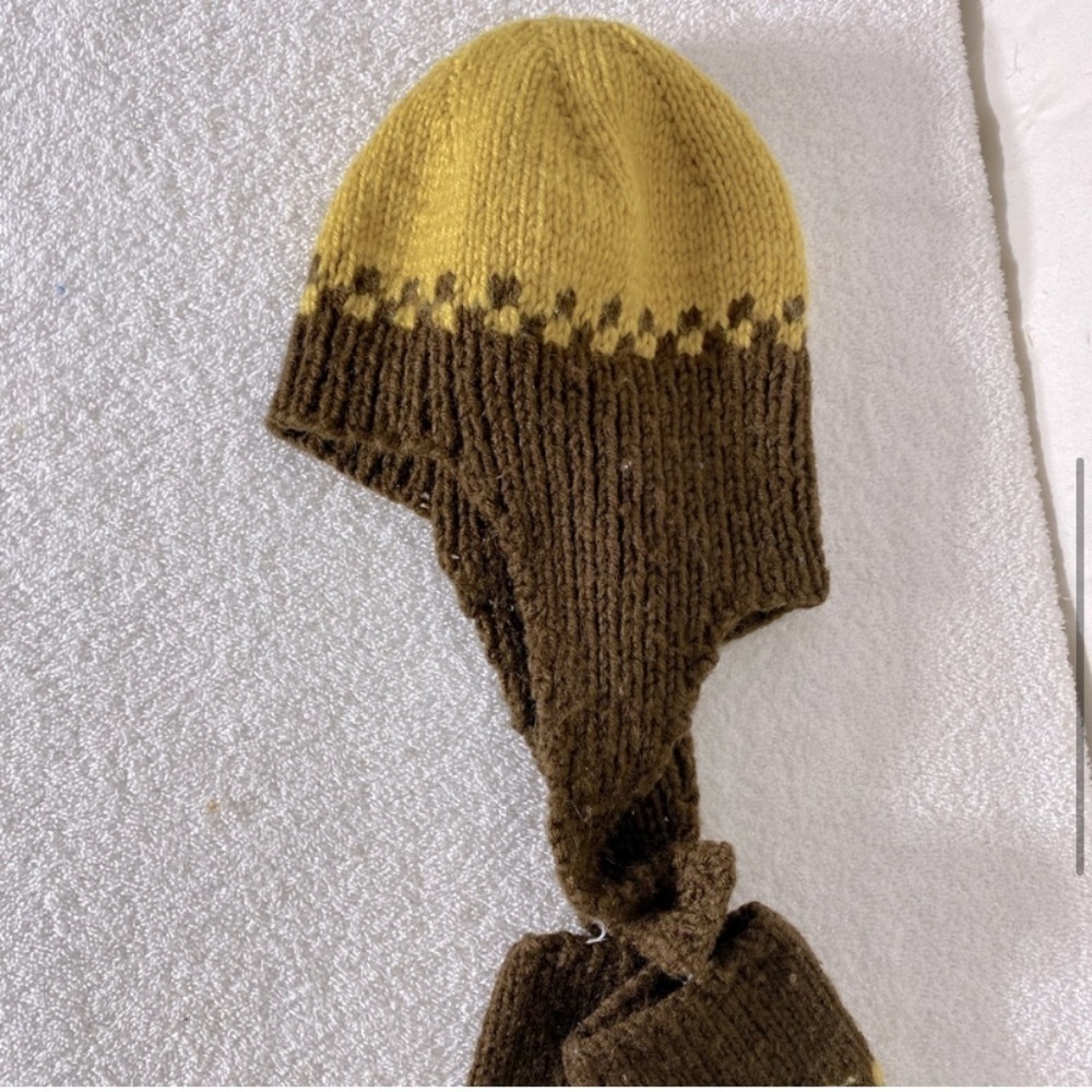 Vintage Handmade Brown Mustard Crochet Knit Winter Hat And Mitts Combo - Picture 6 of 11